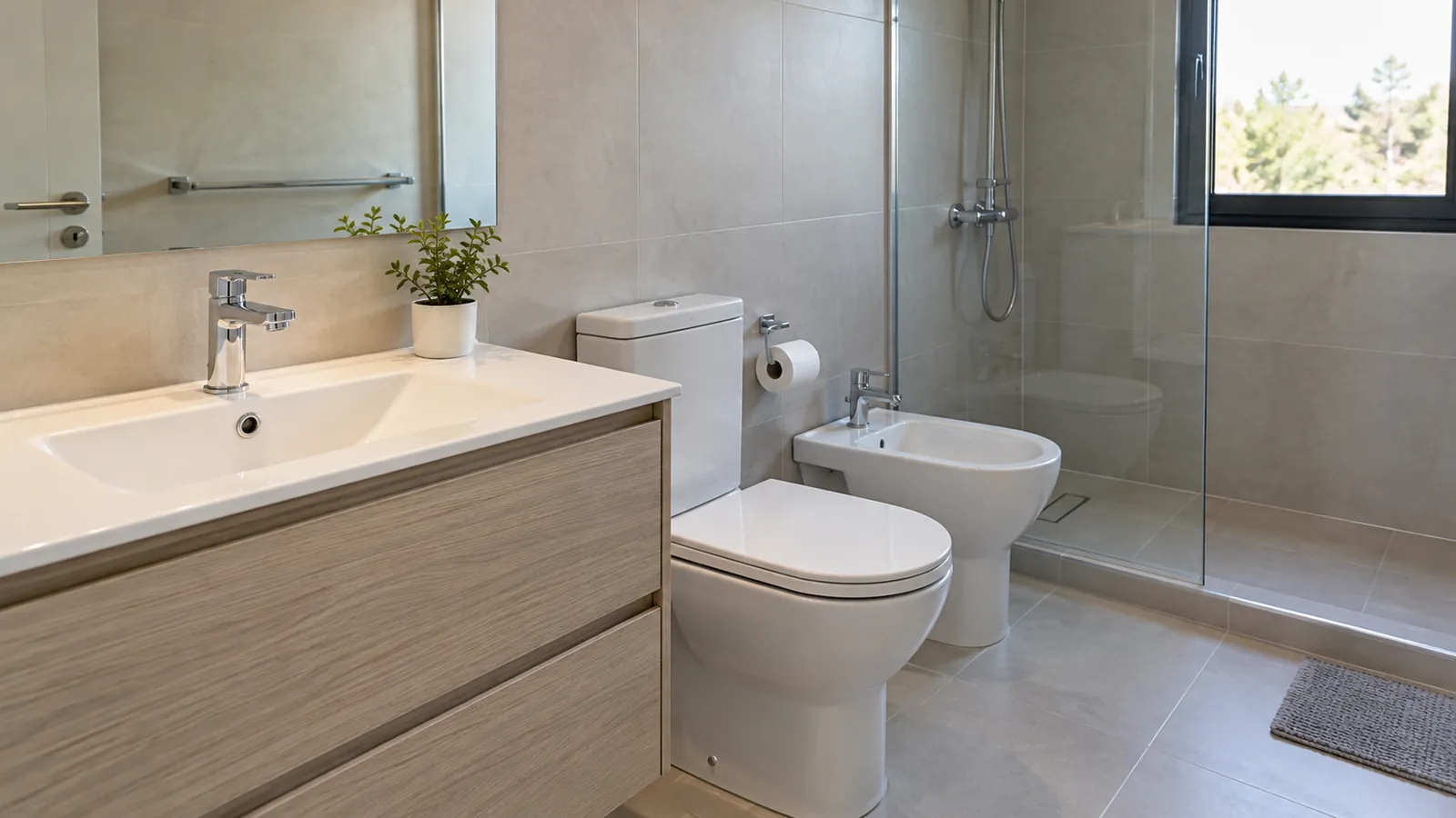 Baño terminado con bacha, inodoro, bidet y ducha con mampara